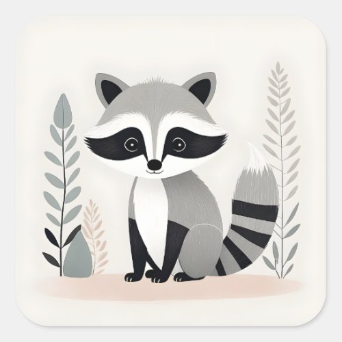 Minimalist Boho Cute Raccoon in the Woods Square Sticker