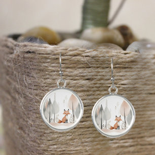 Minimalist Boho Cute Red Fox Round Silver  Earrings