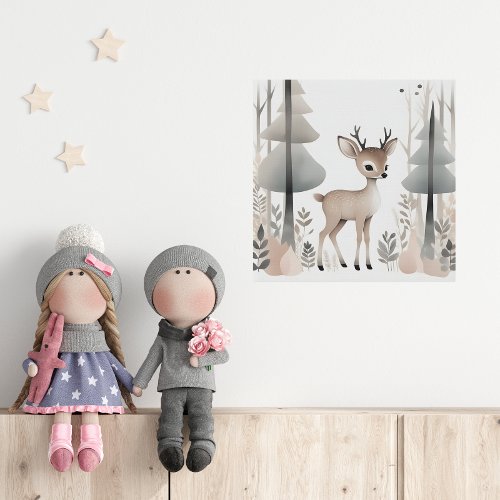 Minimalist Boho Deer Forest Nursery Kid Room Faux Canvas Print