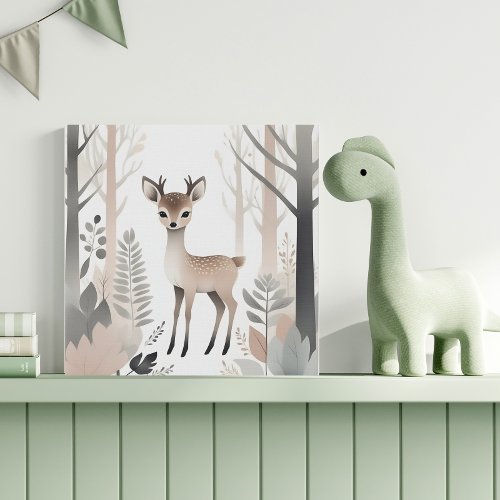 Minimalist Boho Deer Forest Nursery Kid Room Faux Faux Canvas Print
