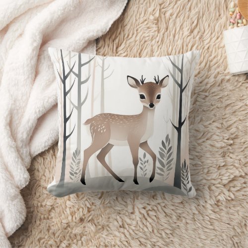 Minimalist Boho Deer Forest Nursery Kids Room  Throw Pillow