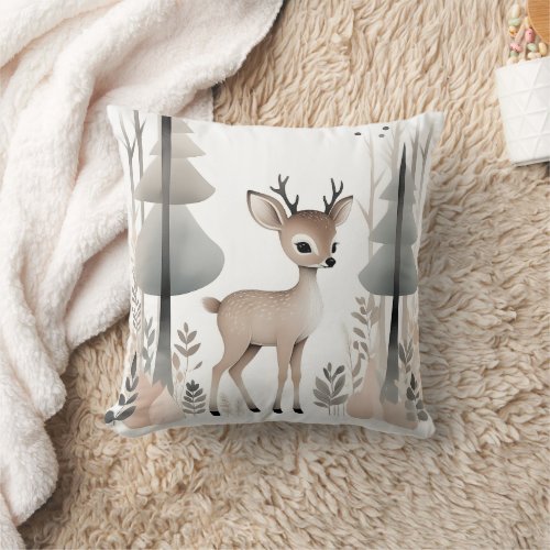 Minimalist Boho Deer in Woods Nursery Kids Room  Throw Pillow