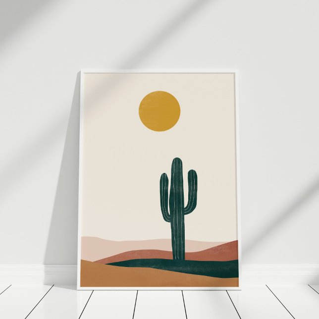 Minimalist Boho Desert Cactus Sun Wall Art Print (Bohemian Abstract Desert Landscape Wall Art in white frame)