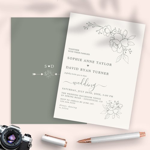 Minimalist Boho Elegant Sage Green Simple Wedding Invitation