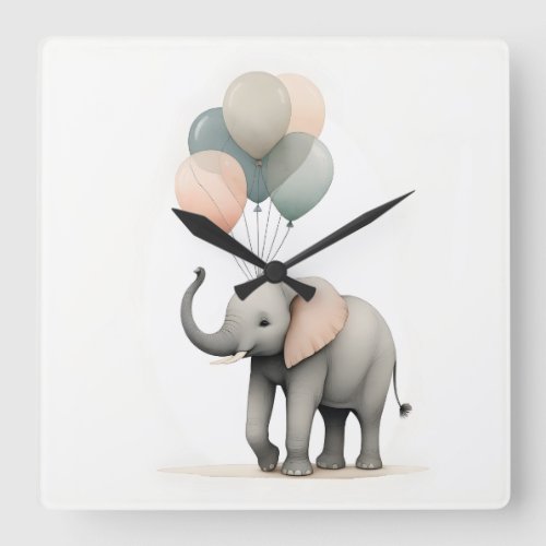 Minimalist Boho Elephant Balloon Nursery Kid Room  Square Wall Clock