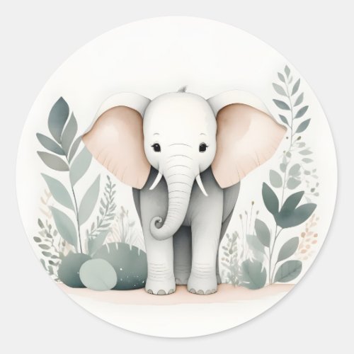 Minimalist Boho Elephant Forest Green Leaves  Classic Round Sticker
