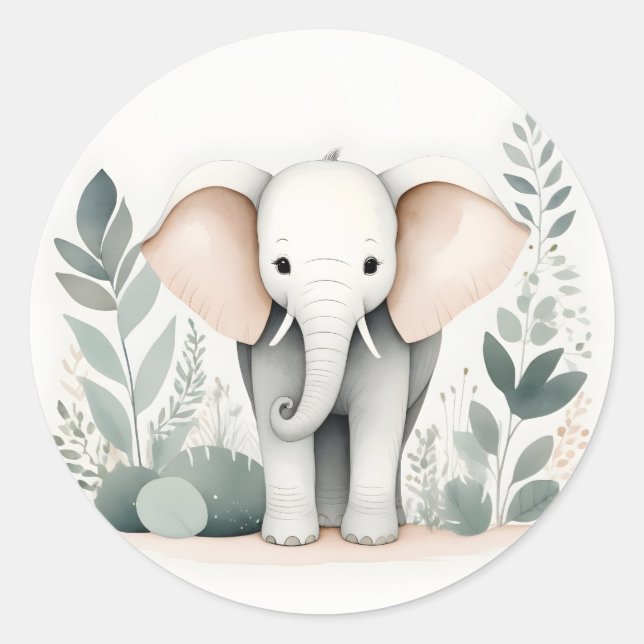 Minimalist Boho Elephant Forest Green Leaves  Classic Round Sticker (Front)