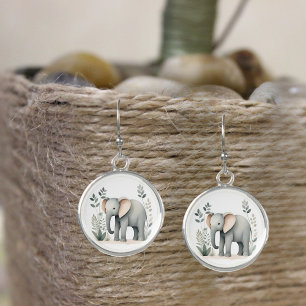 Minimalist Boho Elephant Forest Silver Round Earrings