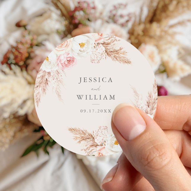 Minimalist Boho Fall Floral Wedding Classic Round Sticker (Creator Uploaded)