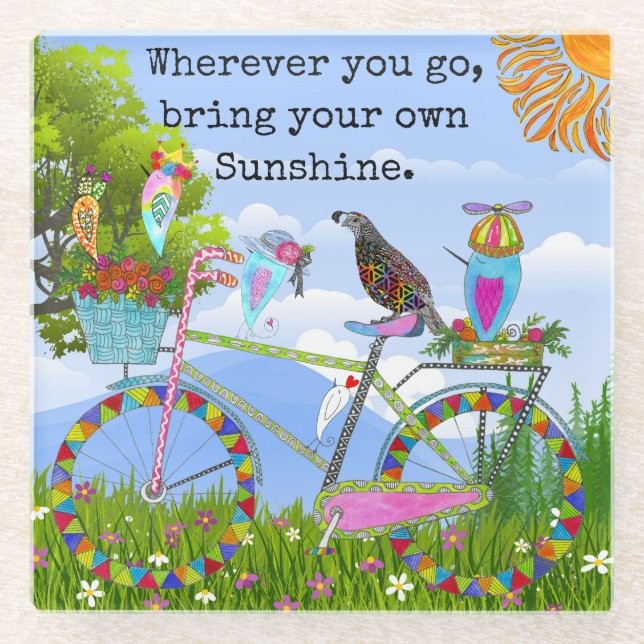 Minimalist Boho Floral Bicycle and Birds Glass Coaster (Front)