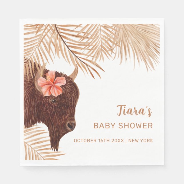 Minimalist Boho Floral Holy Cow Girl Baby Shower Napkins (Front)