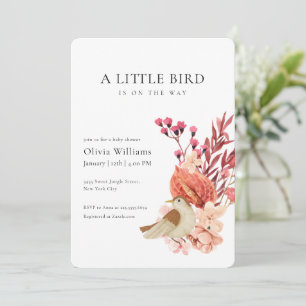 Minimalist Boho Flower Tiny Bird Baby Shower Invitation
