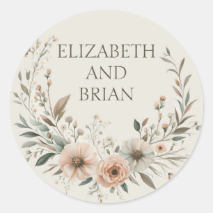 Minimalist Boho Flowers in Ivory and Blush Classic Round Sticker