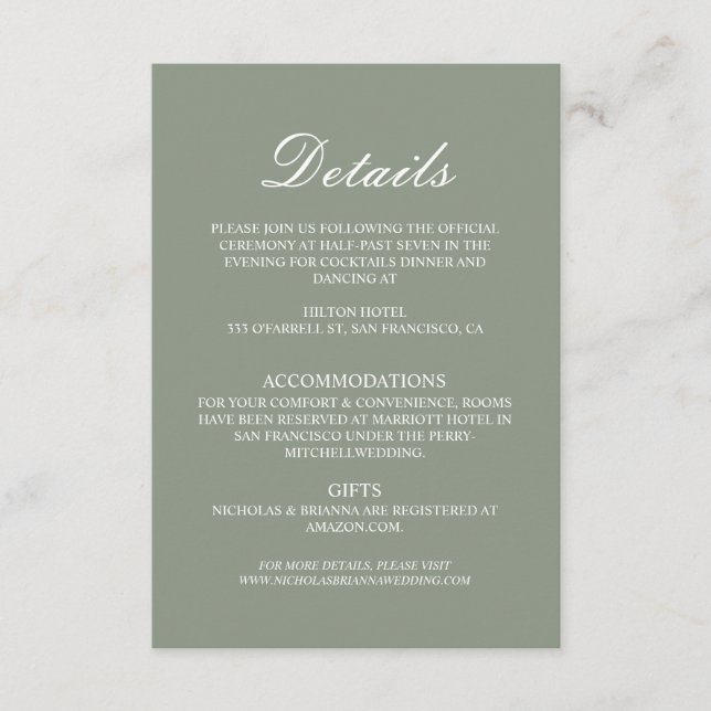 Minimalist Boho Green Elegant Wedding Details Enclosure Card (Front)