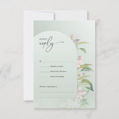 Minimalist boho greenery arch spring blush floral RSVP card