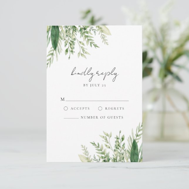 Minimalist Boho Greenery Wedding RSVP Card (Standing Front)
