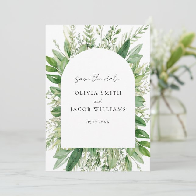 Minimalist Boho Greenery Wedding Save The Date (Standing Front)