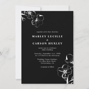 Minimalist Boho Hand Drawn Floral Black Wedding Invitation