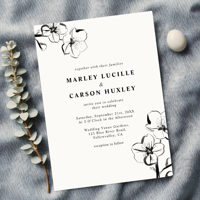 Minimalist Boho Hand Drawn Floral White Wedding Invitation (Creator Uploaded)