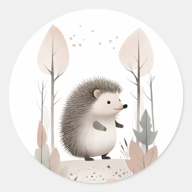 Minimalist Boho Hedgehog in the Woods Classic Round Sticker (Front)