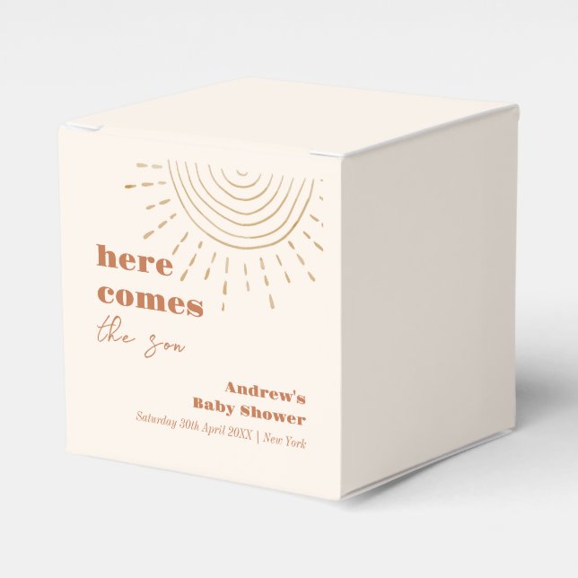 Minimalist Boho Here Comes The Son Baby Shower Favor Boxes (Front Side)