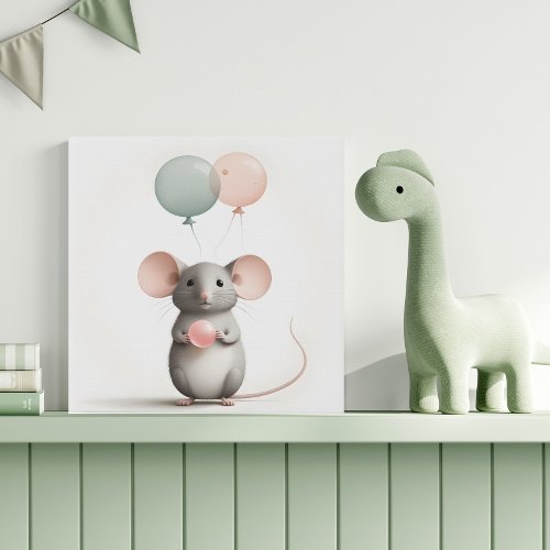 Minimalist Boho Mouse Balloon Nursery Kids Room Faux Canvas Print