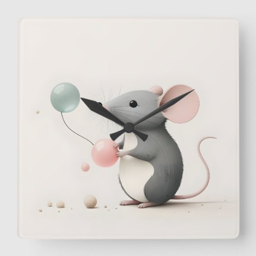 Minimalist Boho Mouse Balloon Nursery Kids Room  Square Wall Clock