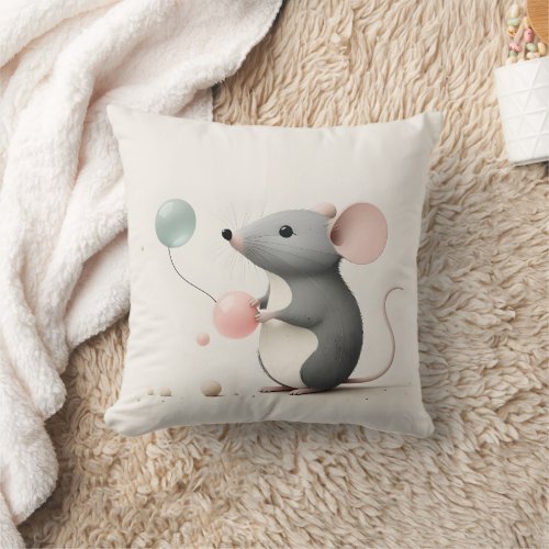 Minimalist Boho Mouse Balloon Nursery Kids Room  Throw Pillow
