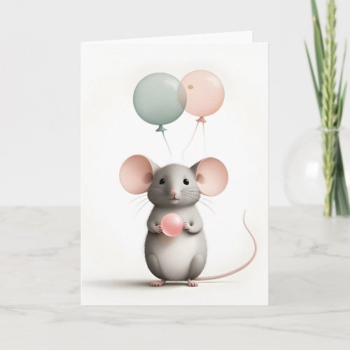 Minimalist Boho Mouse with Balloons Blank Greeting Card