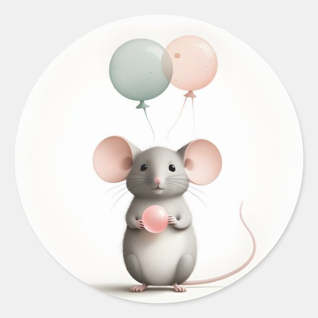 Minimalist Boho Mouse with Balloons Gifts Packages Classic Round Sticker (Front)