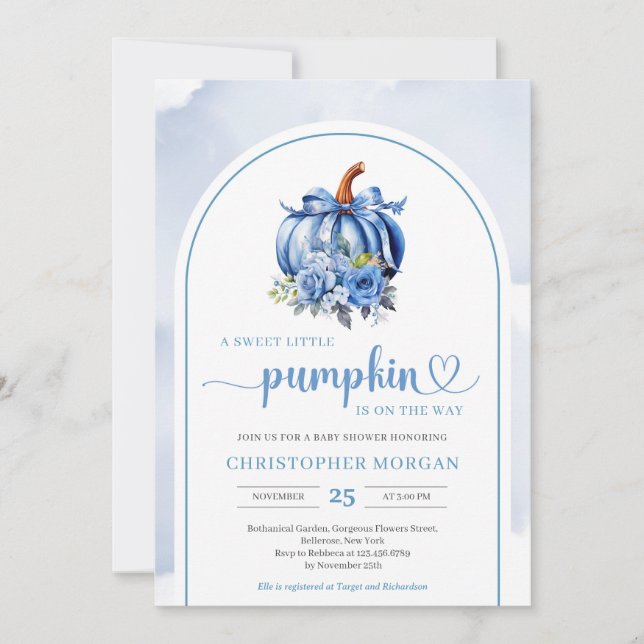 Minimalist boho navy blue pumpkin floral arch invitation (Front)