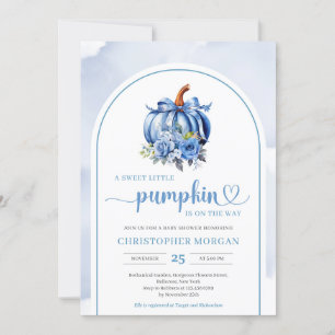 Minimalist boho navy blue pumpkin floral arch invitation