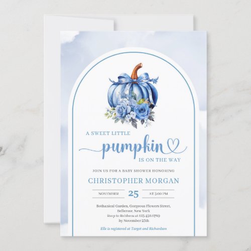 Minimalist boho navy blue pumpkin floral arch invitation