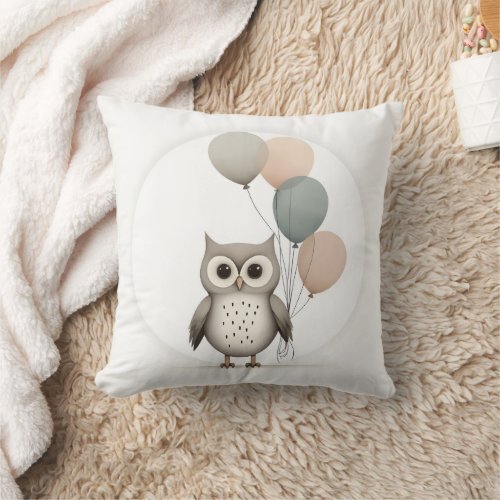 Minimalist Boho Owl Balloons Nursery Kids Room  Throw Pillow