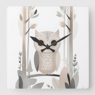 Minimalist Boho Owl in Forest Nursery Kids Room Square Wall Clock
