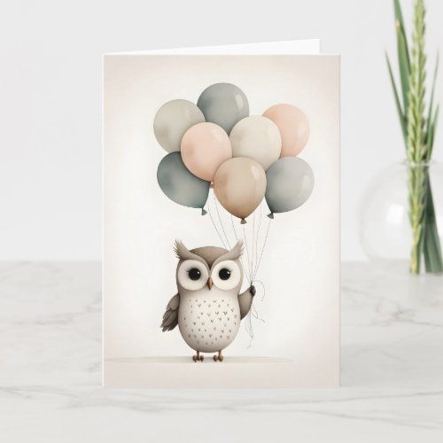 Minimalist Boho Owl with Balloons Blank Greeting Card