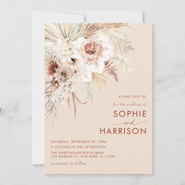 Minimalist Boho Pampas Grass All In One Wedding Invitation (Front)
