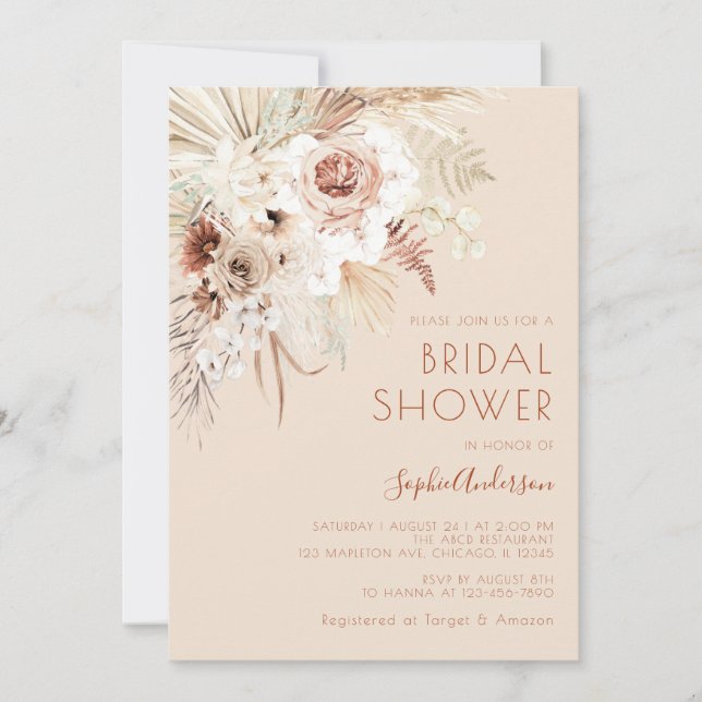 Minimalist Boho Pampas Grass Bridal Shower Invitat Invitation (Front)