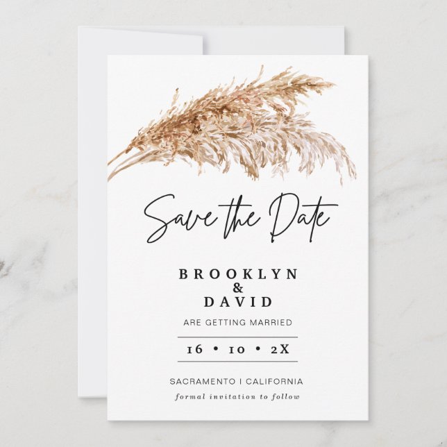 Minimalist Boho Pampas Grass Save the Date Card (Front)