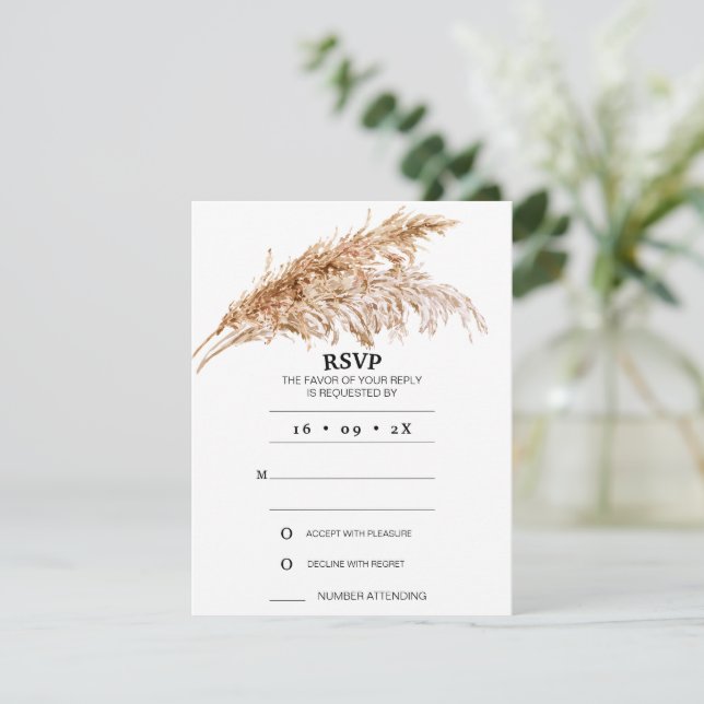 Minimalist Boho Pampas Grass Wedding RSVP Card (Standing Front)