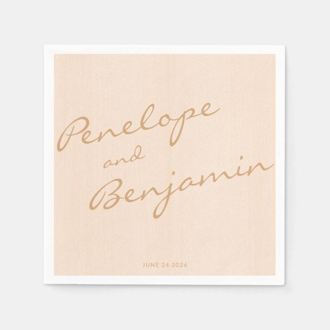 Minimalist Boho Peach Gold Script Wedding Custom Napkins (Front)
