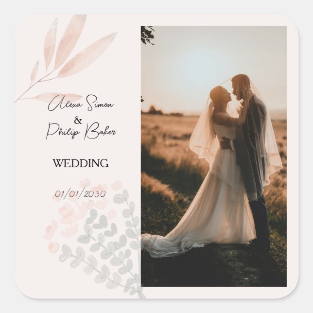 Minimalist Boho Photo Collage Wedding Square Sticker (Front)