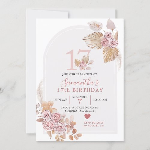 Minimalist Boho Pink Arch 17th Birthday Invitation