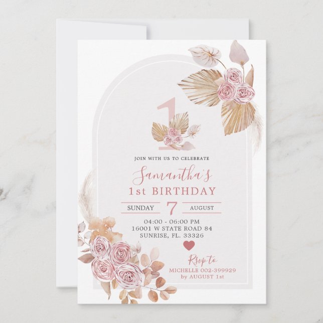 Minimalist Boho Pink Arch 1st Birthday Invitation (Front)
