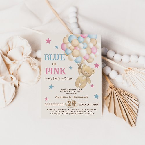 Minimalist Boho Pink Blue Bear Gender Reveal Invitation
