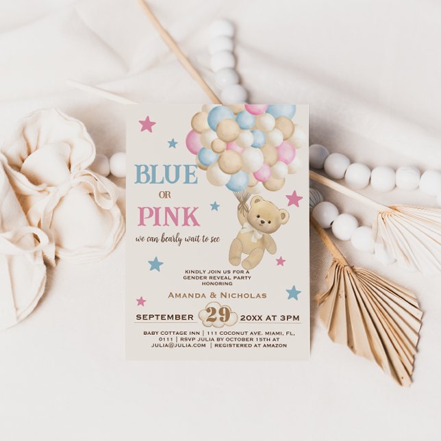 Minimalist Boho Pink Blue Bear Gender Reveal Invitation (Creator Uploaded)