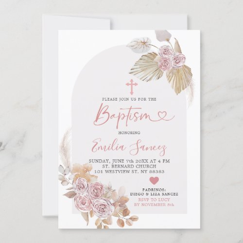 Minimalist Boho Pink Floral Arc Baptism Invitation