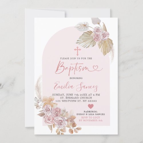 Minimalist Boho Pink Floral Baptism Invitation