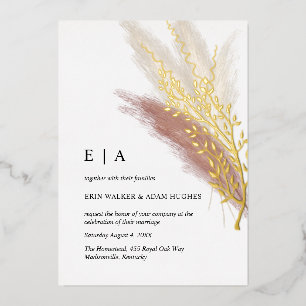 Minimalist Boho Pink Gold Pampas Grass Real Gold Foil Invitation