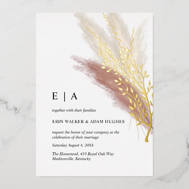 Minimalist Boho Pink Gold Pampas Grass Real Gold Foil Invitation (Front)